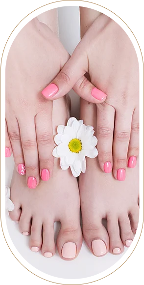 nude manicure pedicure summer female hands feet white background top view result spa salon procedure